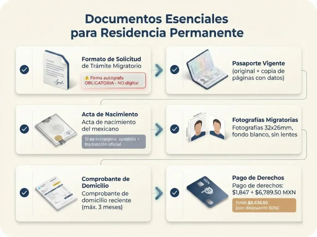 Checklist visual de los 6 documentos esenciales para solicitar residencia permanente por vínculo familiar en México, con iconos y advertencias sobre errores comunes.