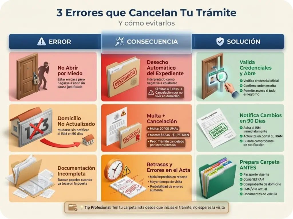 Infografía de los 3 errores principales que cancelan trámites migratorios del INM, mostrando error, consecuencia y solución para cada caso.