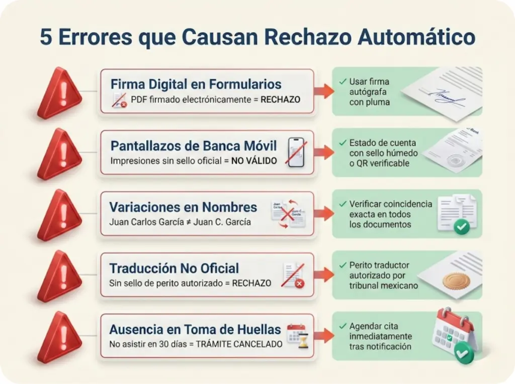 Infografía de los 5 errores principales que causan rechazo en solicitudes de residencia permanente en México, con señales de advertencia y soluciones para evitarlos.