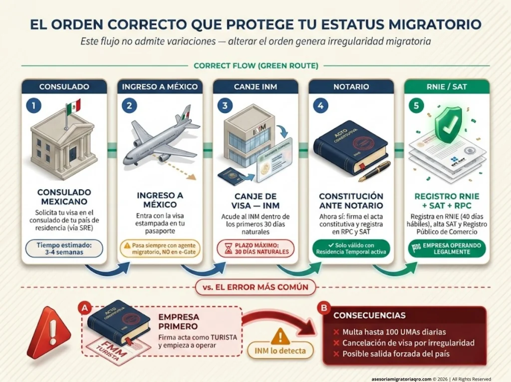Abrir un Negocio en México como Extranjero Sin Perder la Visa 3 Infografía de flujo 5 pasos para abrir empresa legal en México con rama roja de error por constituir empresa como turista