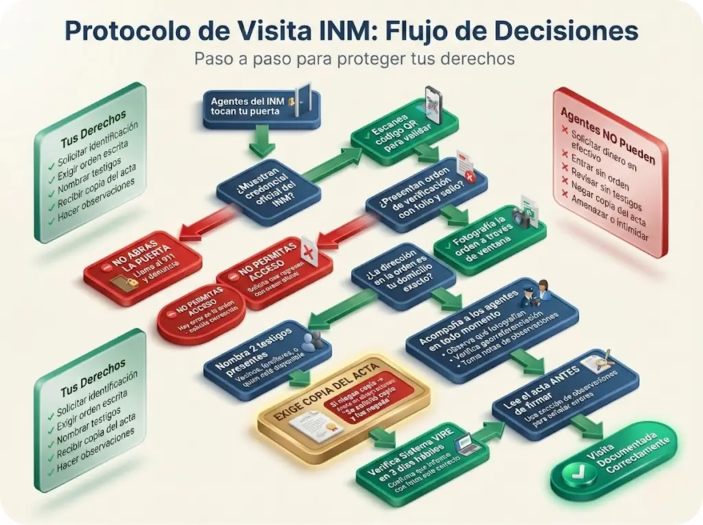Diagrama de flujo de decisiones para manejar correctamente una visita de verificación del INM, desde la validación de credenciales hasta el cierre con copia del acta.