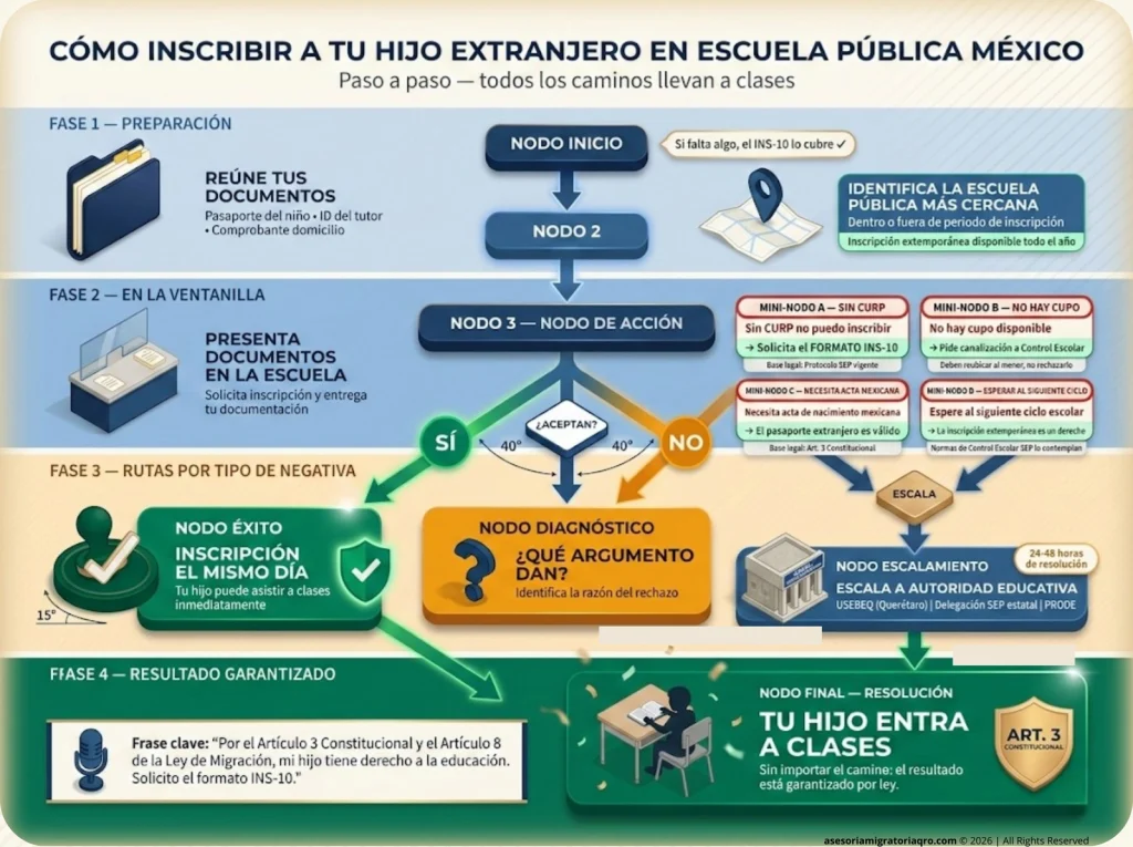 Infografía de flujo vertical mostrando el proceso de inscripción escolar para hijos extranjeros en México con rutas por tipo de negativa
