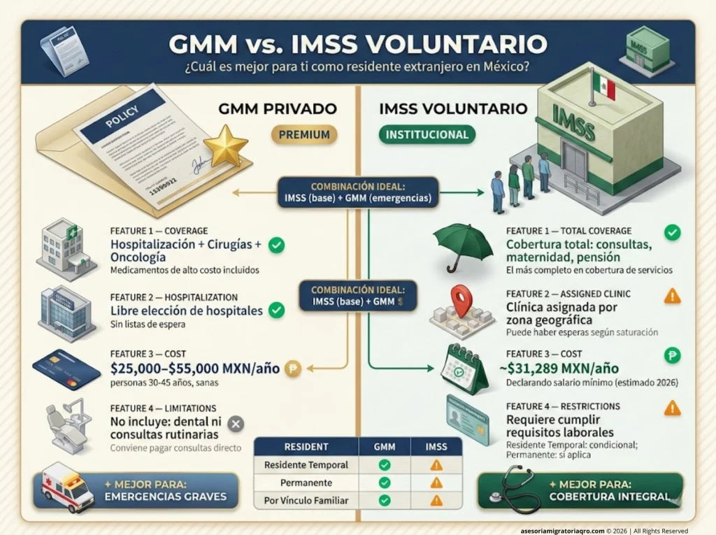 Infografía comparativa GMM privado vs IMSS Voluntario para extranjeros residentes en México con coberturas, costos y recomendaciones