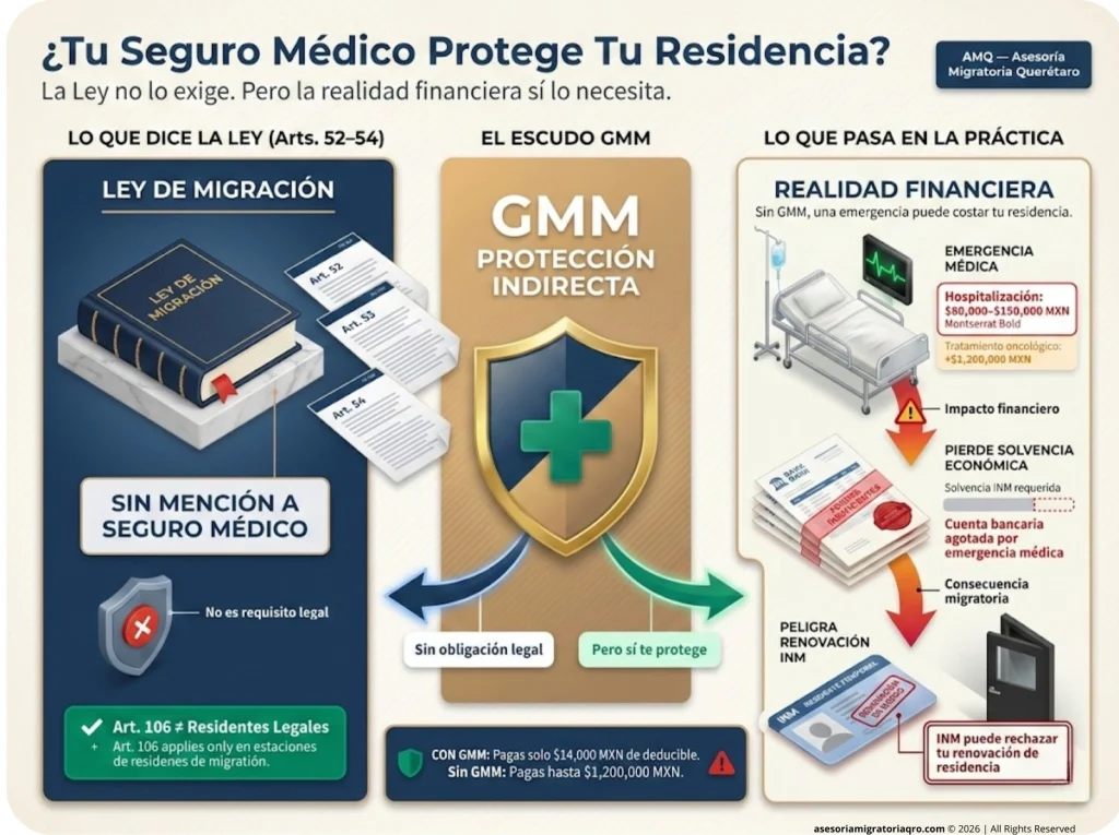 Infografía mostrando diferencia entre Ley de Migración (arts. 52-54) y riesgo real de gasto médico sobre solvencia para renovación de residencia