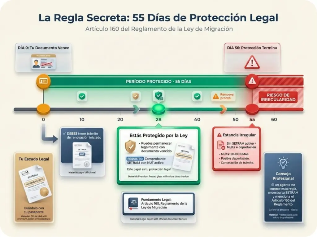 Línea de tiempo visual mostrando la regla de 55 días de protección legal con documento migratorio vencido si tienes trámite de renovación activo con SETRAM.