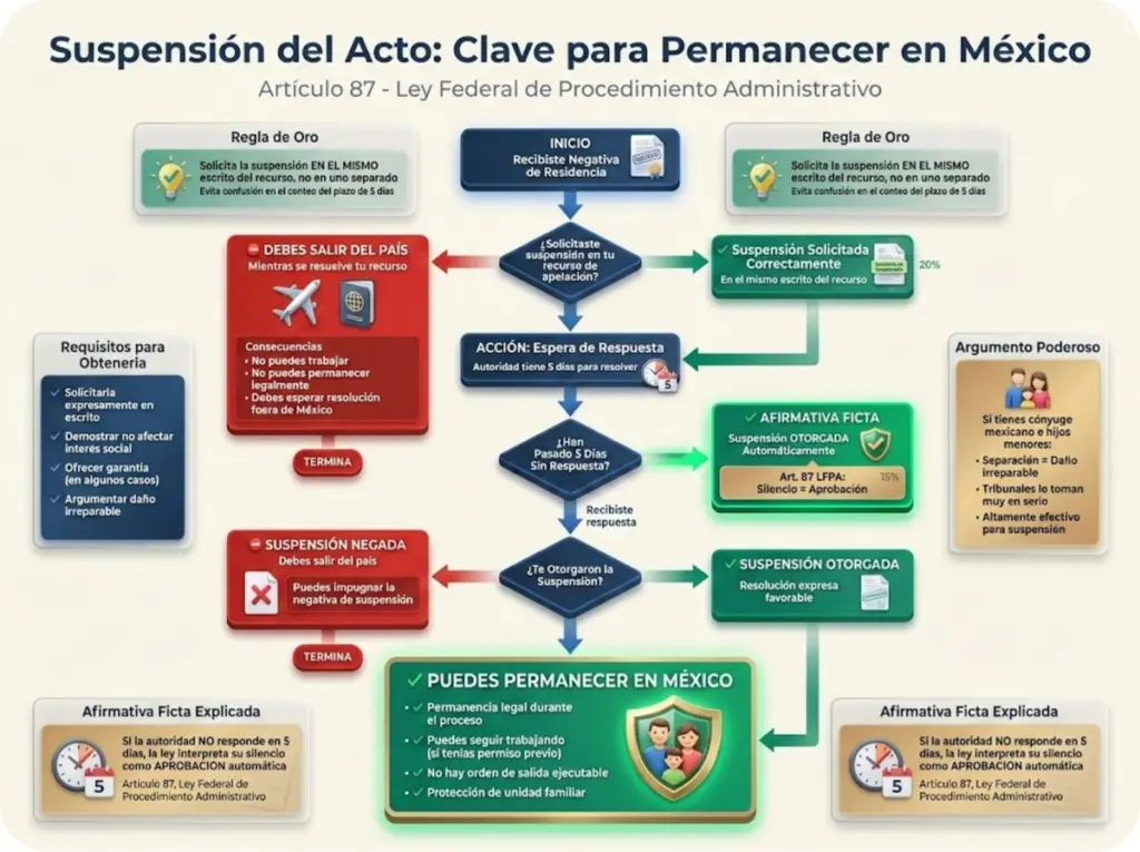 Diagrama de flujo mostrando el proceso de solicitud de suspensión del acto para evitar salir del país durante recurso de apelación, con afirmativa ficta y rutas de decisión.