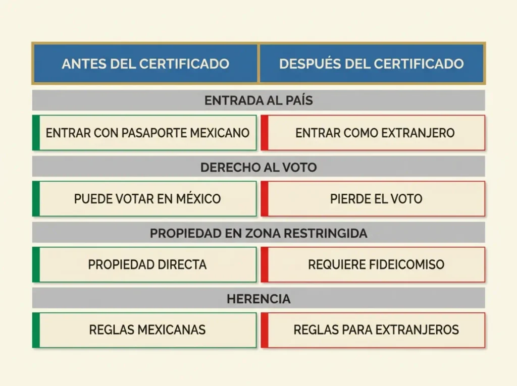 Tabla que compara antes y después de la renuncia a la nacionalidad mexicana en entrada, voto, propiedad y sucesión