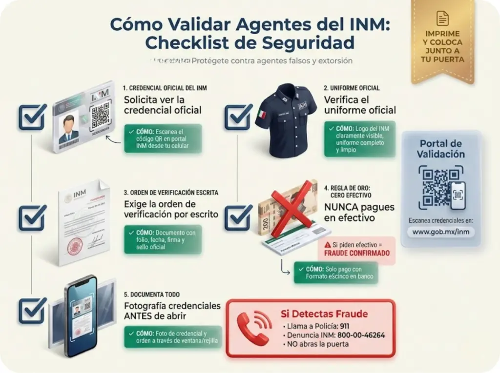 Checklist visual de seguridad para validar credenciales de agentes del INM y detectar fraudes, con 5 puntos de verificación esenciales imprimible para tener junto a la puerta.