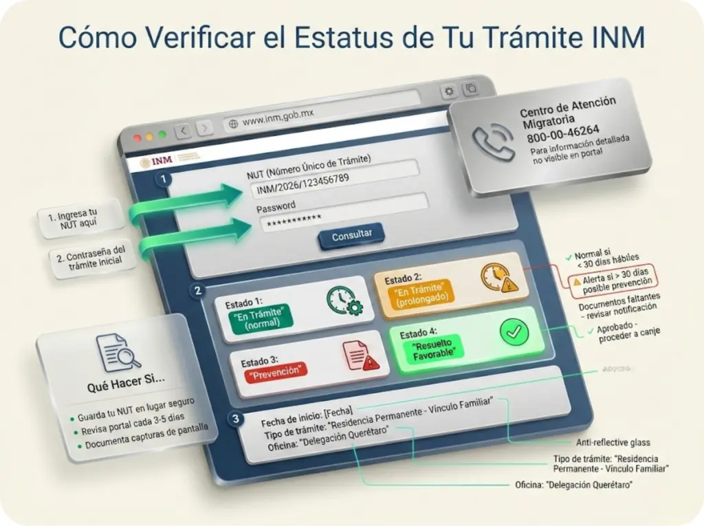 ¿Trámite Estancado en el INM? Esto Es Lo Que Debes Hacer 3 Guía visual anotada del portal del INM mostrando cómo verificar el estatus de trámite migratorio usando el NUT, con interpretación de cada tipo de estatus.