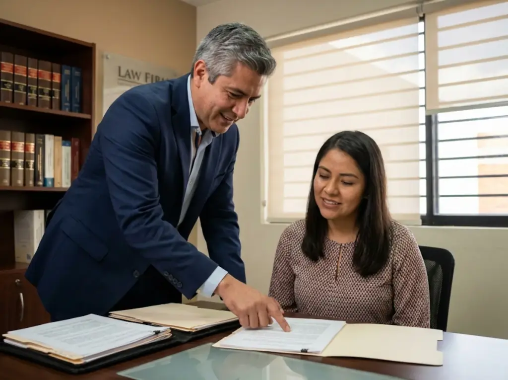 Abogado migratorio explicando a cliente extranjera la regla de 55 días para documentos vencidos