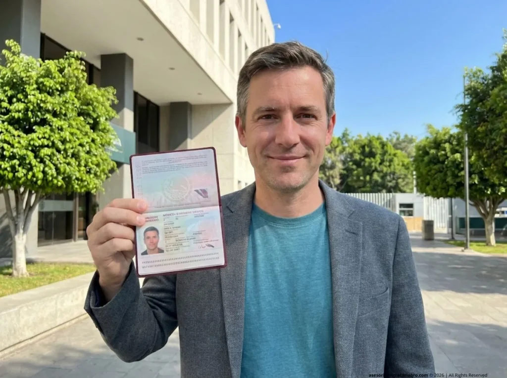 Hombre europeo recién naturalizado mexicano sosteniendo su nuevo pasaporte mexicano frente a la Secretaría de Relaciones Exteriores