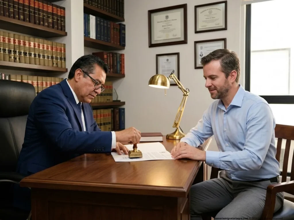 Abrir un Negocio en México como Extranjero Sin Perder la Visa 6 Notario mexicano sellando acta constitutiva mientras empresario extranjero observa en notaría de Querétaro