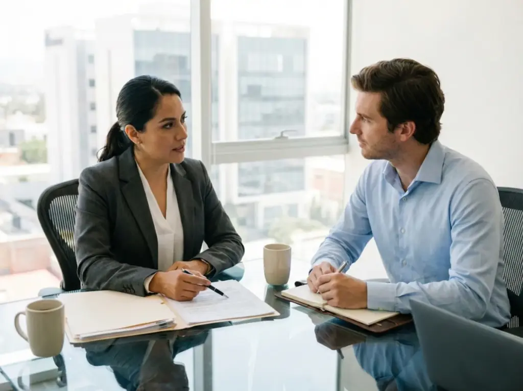 Abogada migratoria explicando requisitos residencia permanente vínculo familiar cliente extranjero