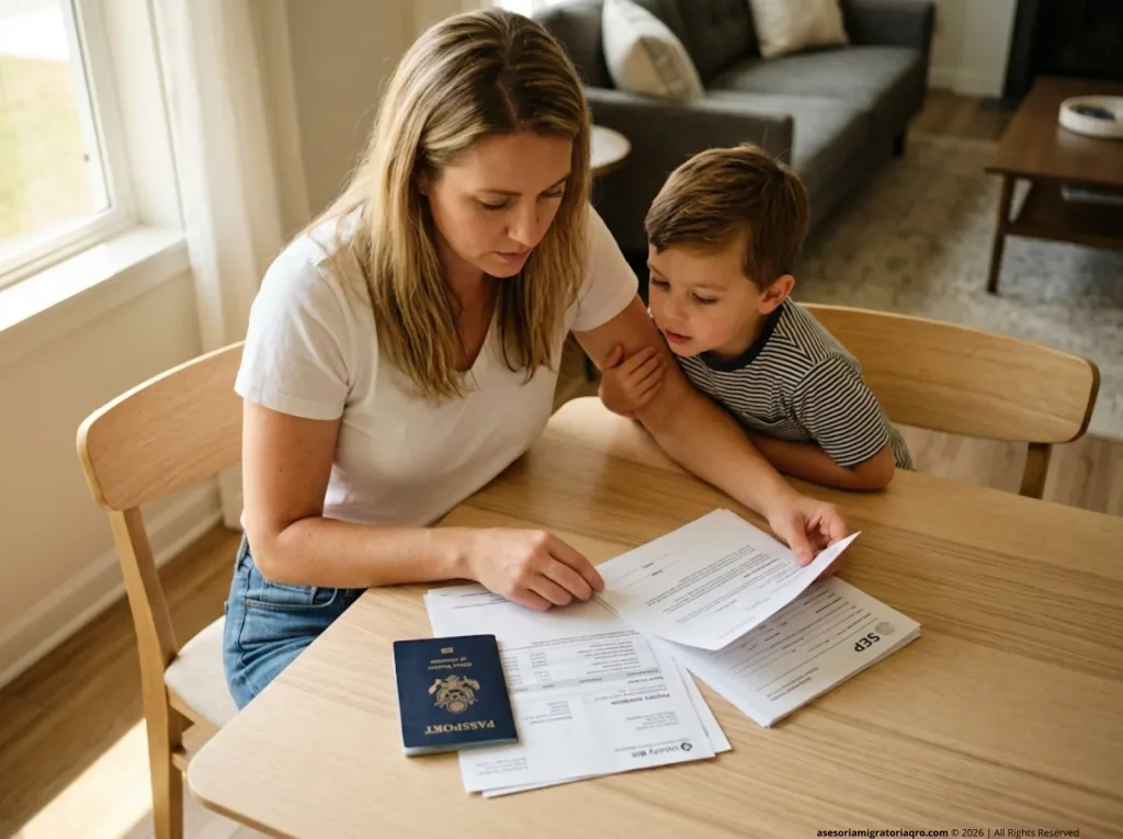 Madre extranjera organizando documentos de pasaporte y comprobante de domicilio para inscripción escolar en México