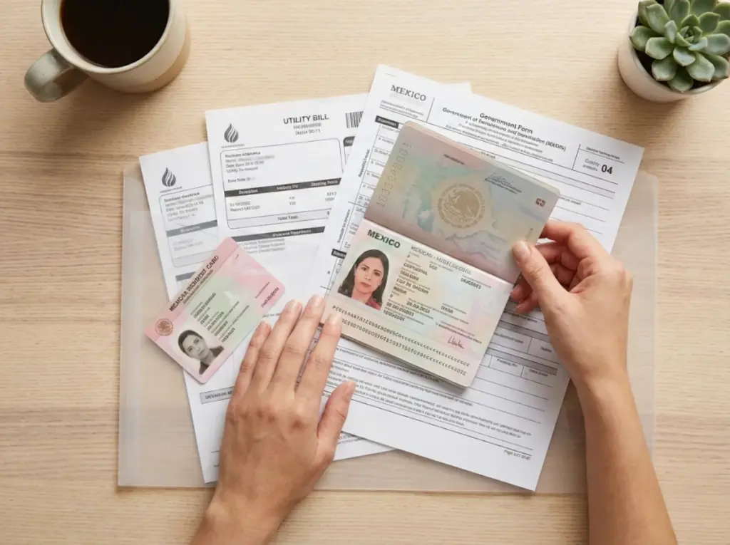 Documentos migratorios organizados: pasaporte, tarjeta de residente y comprobantes para verificación INM