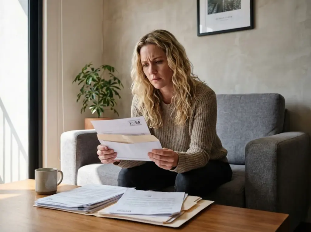 Mujer extranjera preocupada leyendo notificación del INM sobre error en trámite migratorio