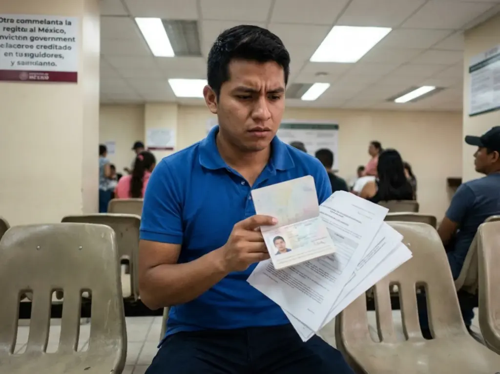 ¿Trámite Estancado en el INM? Esto Es Lo Que Debes Hacer 6 Extranjero preocupado revisando documentos migratorios en oficina gubernamental
