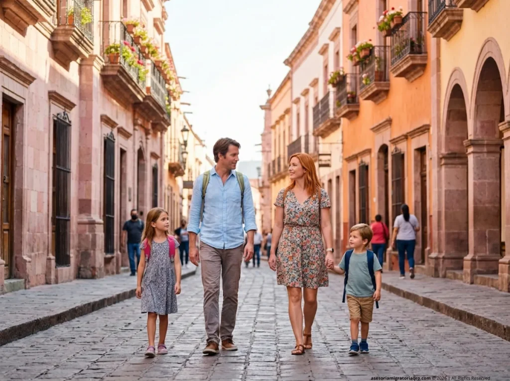 Familia extranjera viviendo en Querétaro México con hijos en edad escolar caminando por la ciudad 