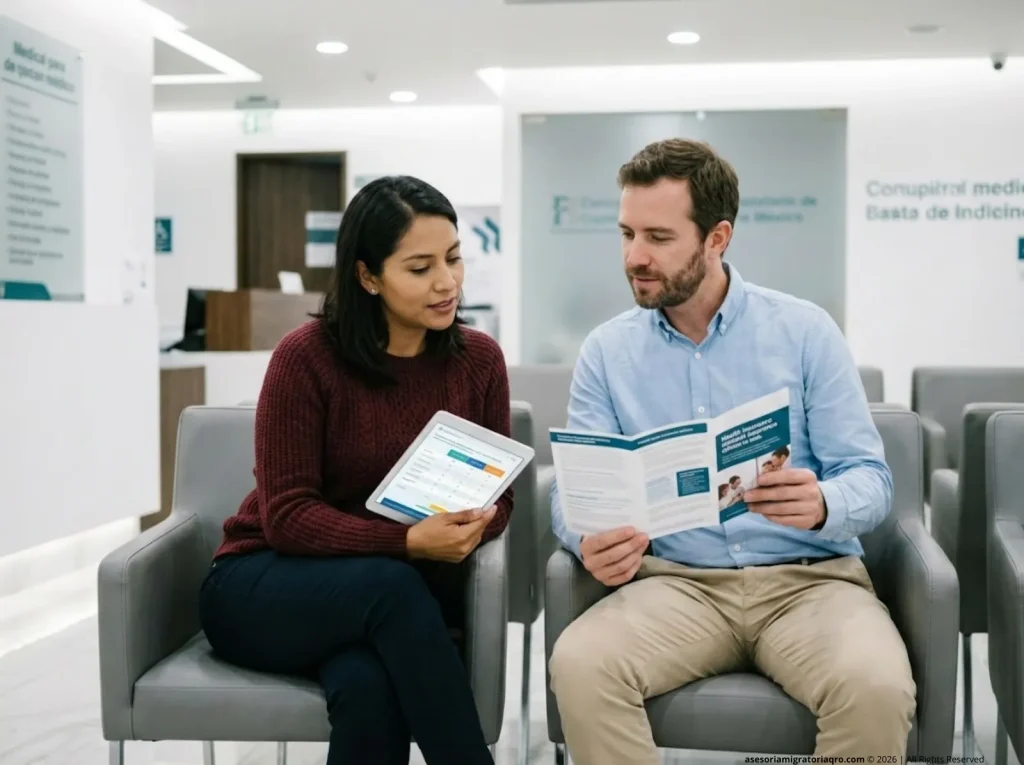 Pareja de residentes extranjeros compara opciones de seguro médico en clínica privada de México