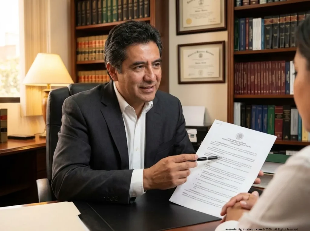 Abogado migratorio mexicano explicando la ley de doble nacionalidad sobre documentos oficiales en su despacho