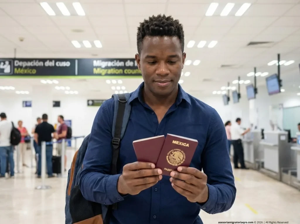 Hombre naturalizado mexicano con dos pasaportes en aeropuerto internacional, ejerciendo su doble nacionalidad sin restricciones