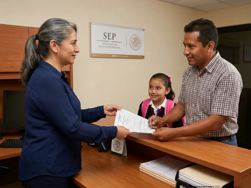 Director escolar entregando formulario de inscripción a padre extranjero con hija en escuela pública de México