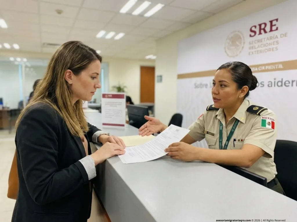 Extranjera recibiendo documentos de naturalización en ventanilla de la Secretaría de Relaciones Exteriores de México