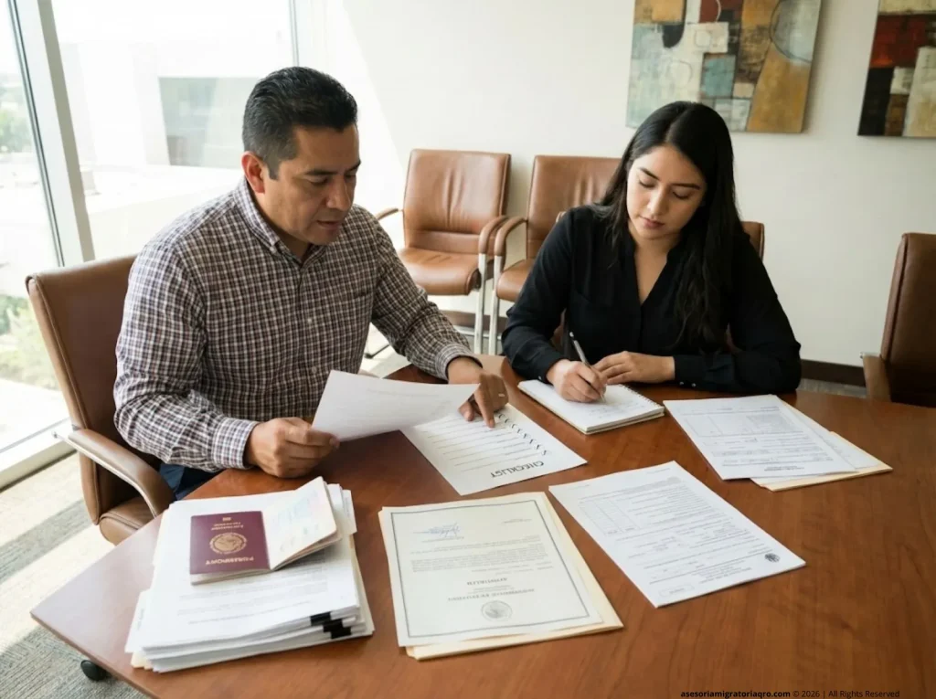 Hombre latinoamericano organizando documentos de naturalización con asistente legal en despacho migratorio de Querétaro