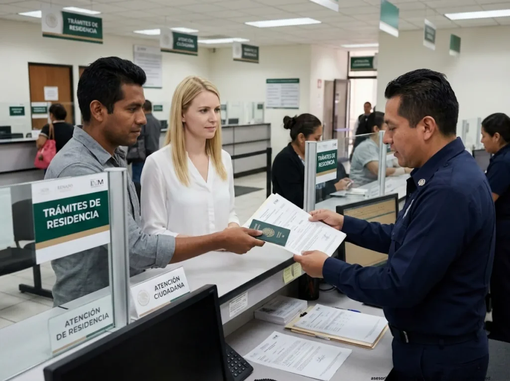 Pareja extranjera tramitando residencia y CURP en ventanilla gubernamental en México   