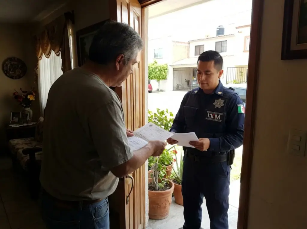 Extranjero presentando documentos a agente del INM durante visita de verificación domiciliaria