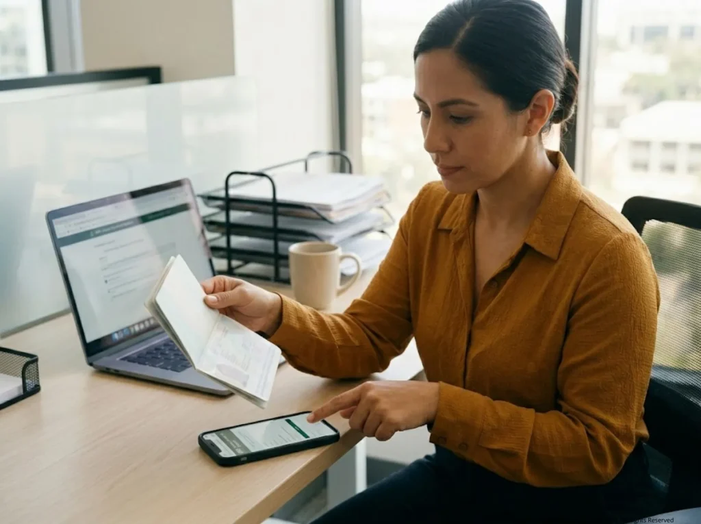 Abrir un Negocio en México como Extranjero Sin Perder la Visa 1 Extranjera revisando requisitos de visa en teléfono con pasaporte en mano antes de trámite INM
