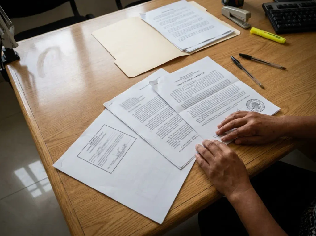 Acta de matrimonio extranjera con apostilla sobre escritorio de oficialía del Registro Civil en México