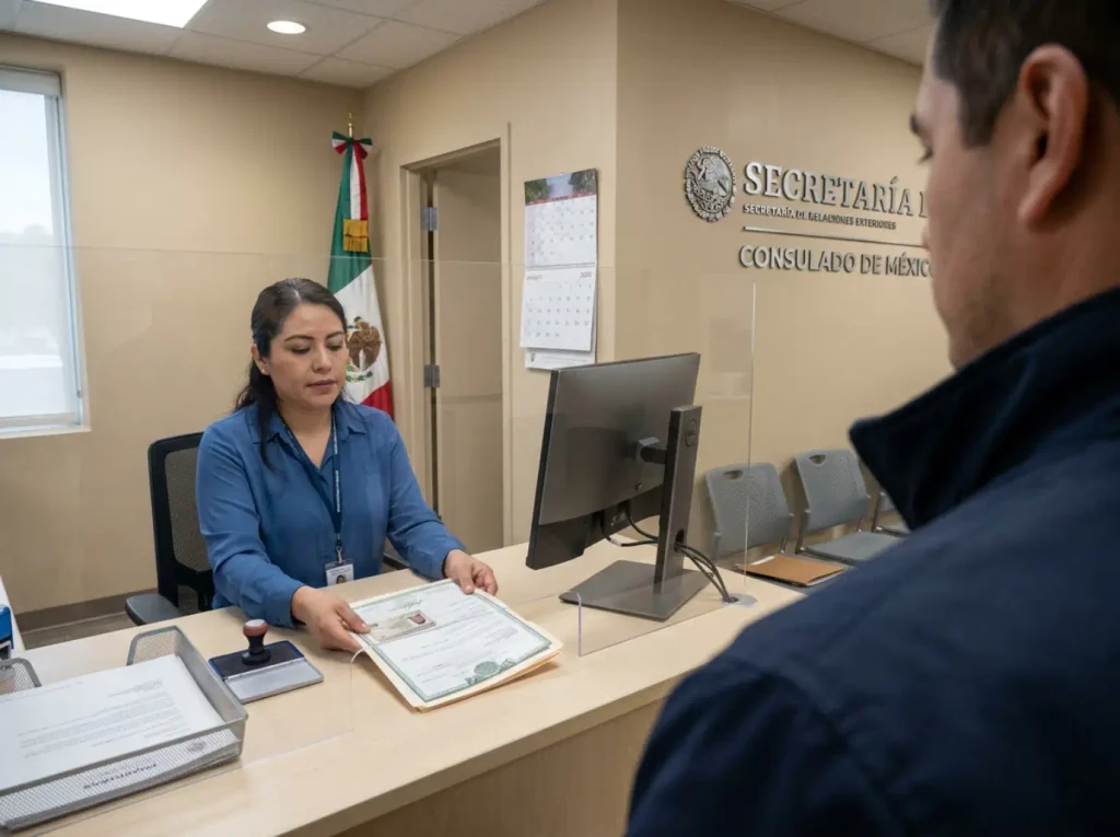 Ventanilla de atención al público en oficina consular mexicana para inscribir un matrimonio extranjero