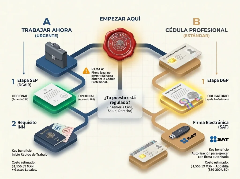 Diagrama de decisión (árbol) sobre cuándo es obligatoria la apostilla para SEP vs DGP en México
