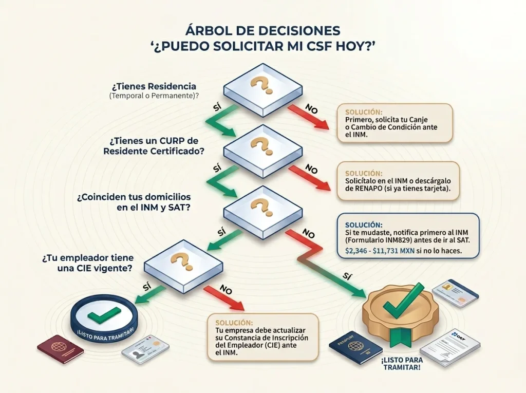 Constancia de Situación Fiscal para extranjeros 2026 7 Árbol de decisiones para extranjeros en México: ¿puedo tramitar mi Constancia de Situación Fiscal (CSF) hoy? Guía con requisitos.