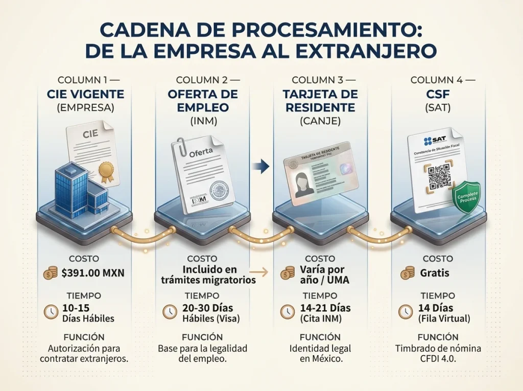 Constancia de Situación Fiscal para extranjeros 2026 9 Infografía de 4 etapas: de la CIE de la empresa a la CSF del extranjero, con tiempos y costos actualizados 2026.