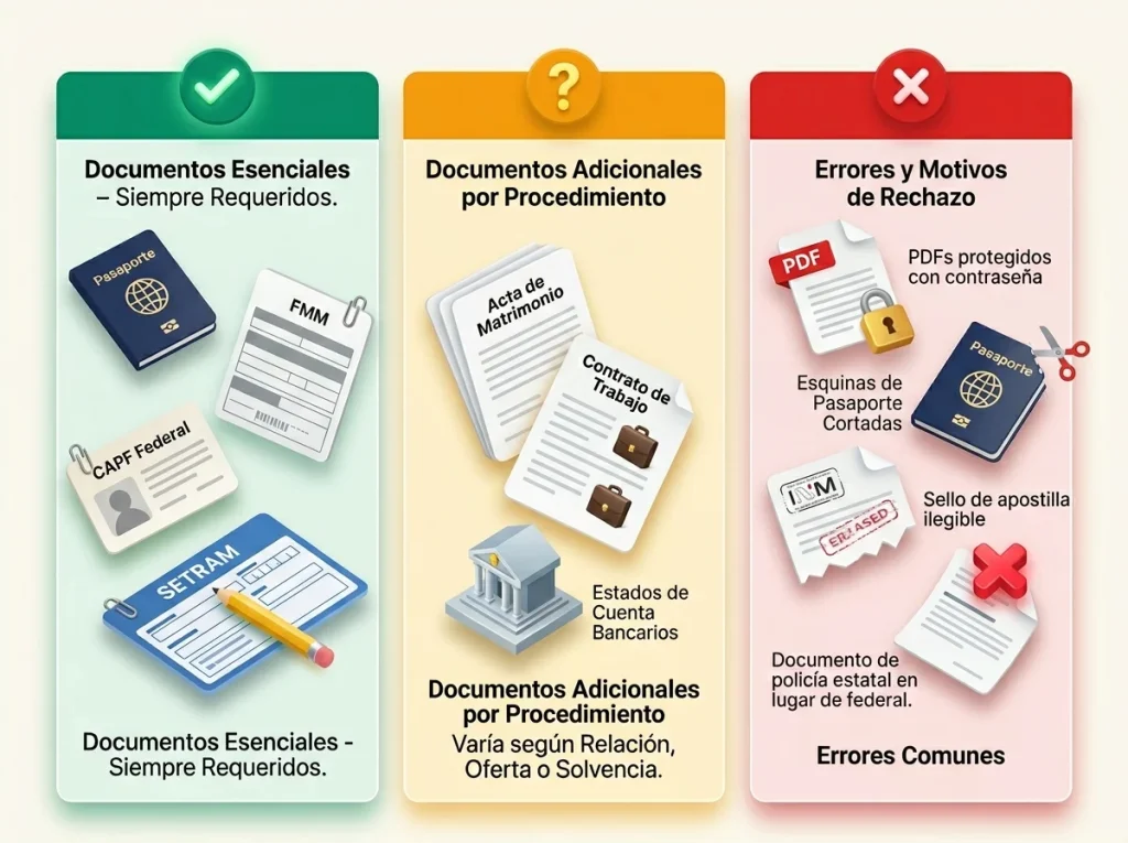 Infografía sobre checklist documental con diseño tipo semáforo mostrando documentos base y errores comunes