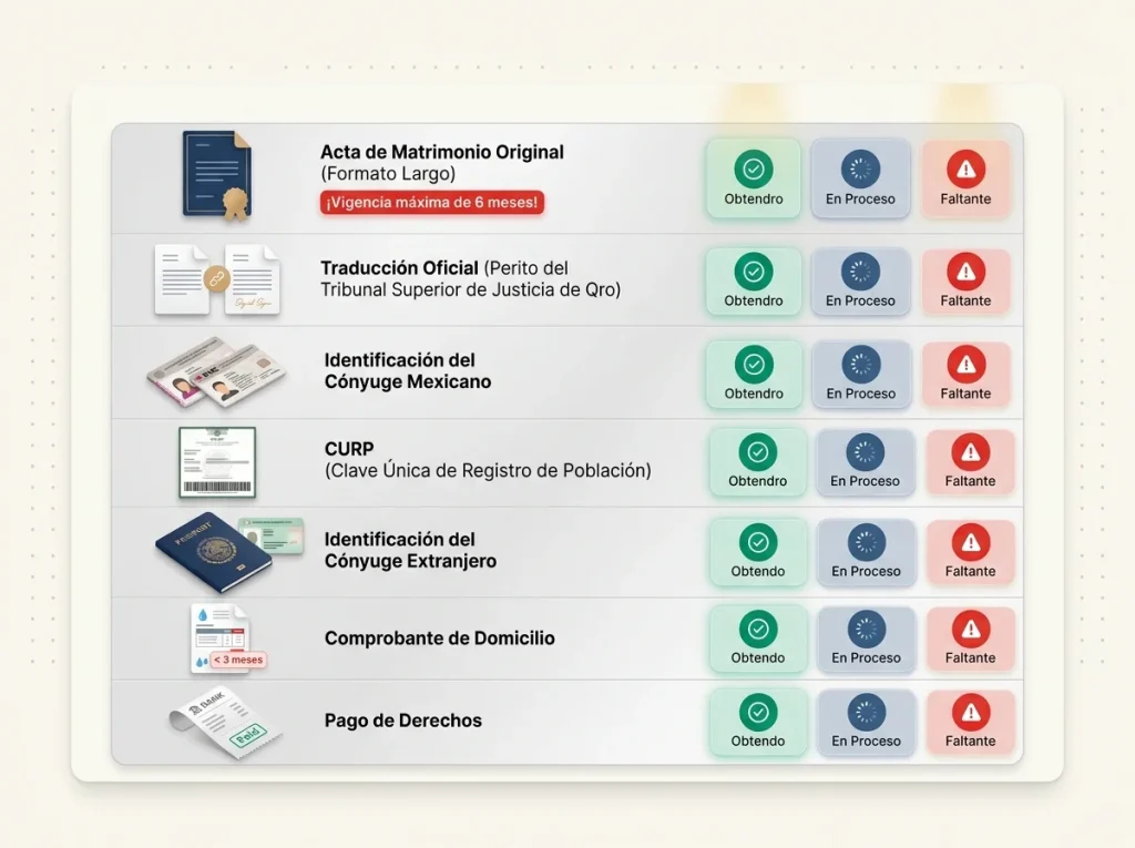 Infografía estilo checklist de los 7 requisitos para inscripción de acta de matrimonio extranjera en Querétaro 2026