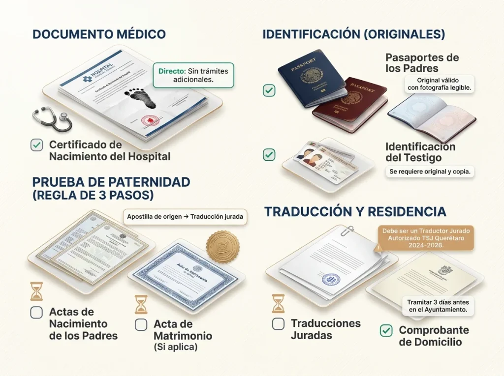 Infografía con checklist de los 7 documentos para registro de nacimiento en México, indicando cuáles ocupan apostilla y traducción.
