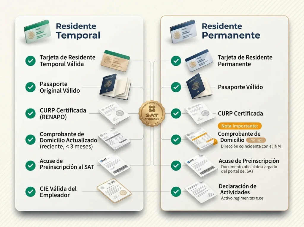 Constancia de Situación Fiscal para extranjeros 2026 3 Infografía comparativa de documentos requeridos por el SAT para Residentes Temporales vs. Permanentes, con checklist educativo.