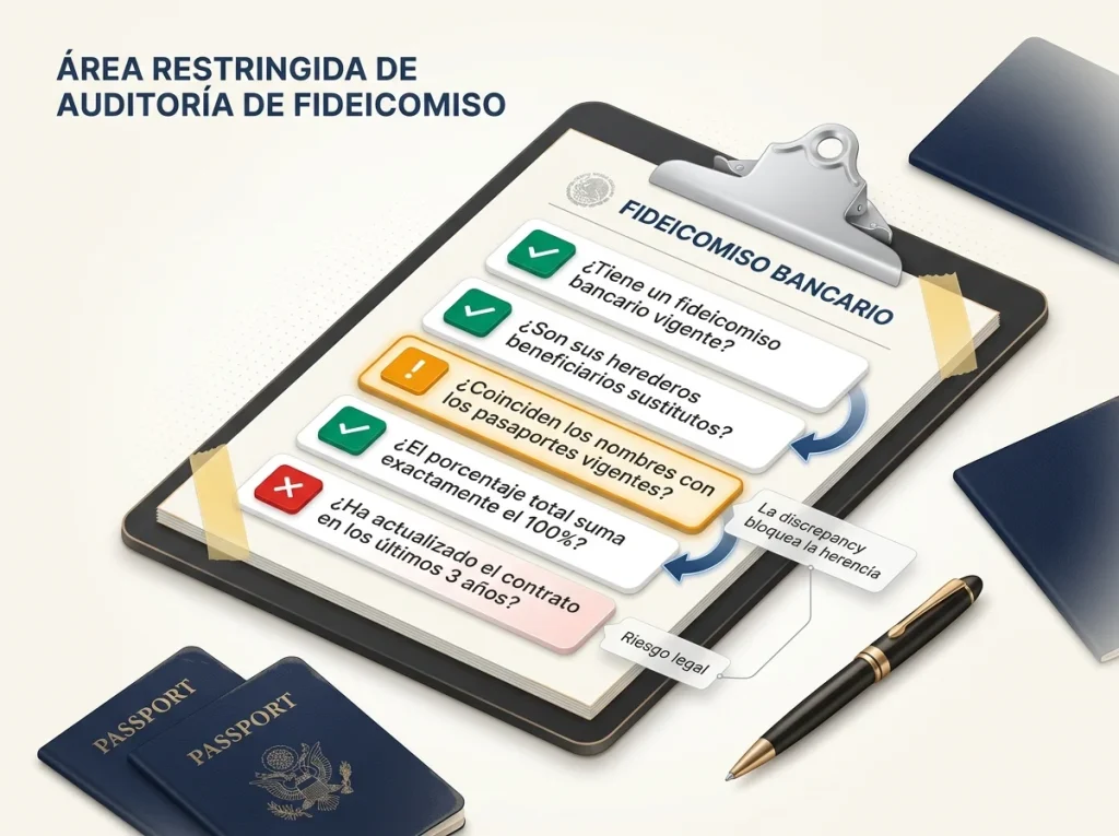 Planificación sucesoria para expatriados en México 3 Infografía sobre checklist de 5 puntos para verificar el estado legal del fideicomiso bancario y beneficiarios sustitutos