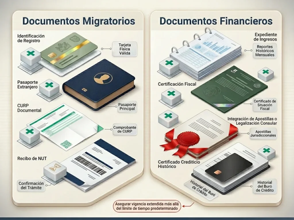 Infografía estilo dashboard mostrando un checklist en dos columnas con documentos migratorios y documentos financieros requeridos