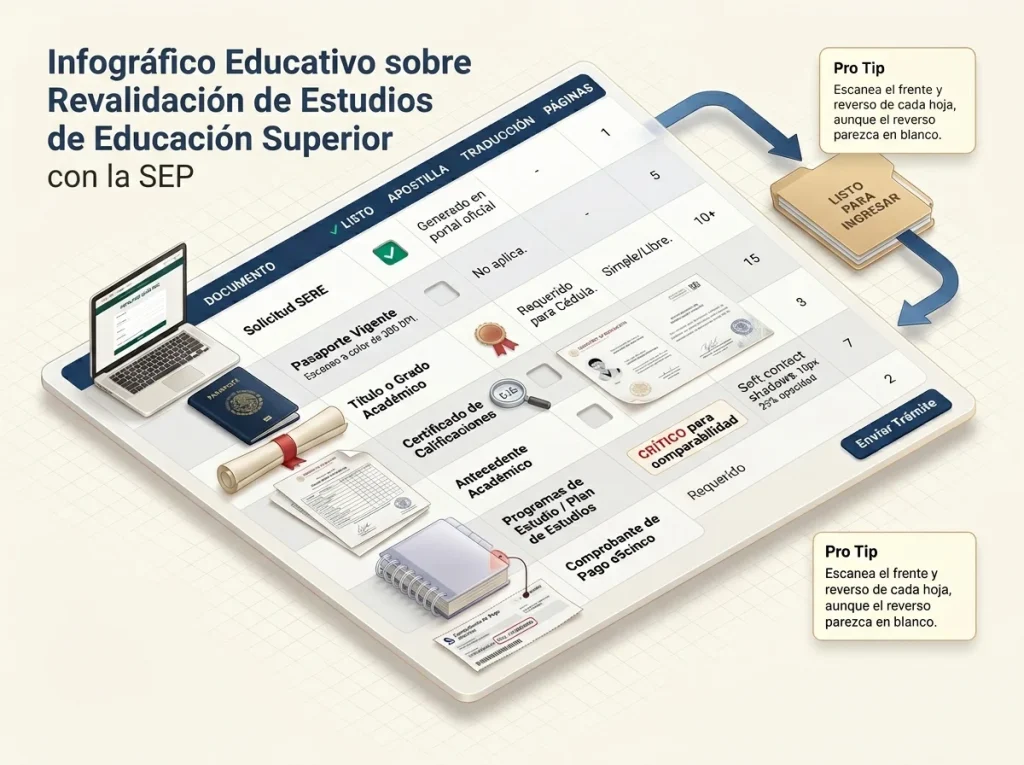 Infografía de checklist para revalidación de estudios ante la SEP con 7 documentos base, apostilla y traducción
