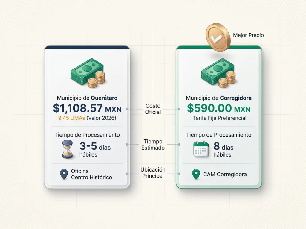 Infografía comparativa de costos y tiempos del trámite de inserción de acta 2026 entre Querétaro Capital y Corregidora