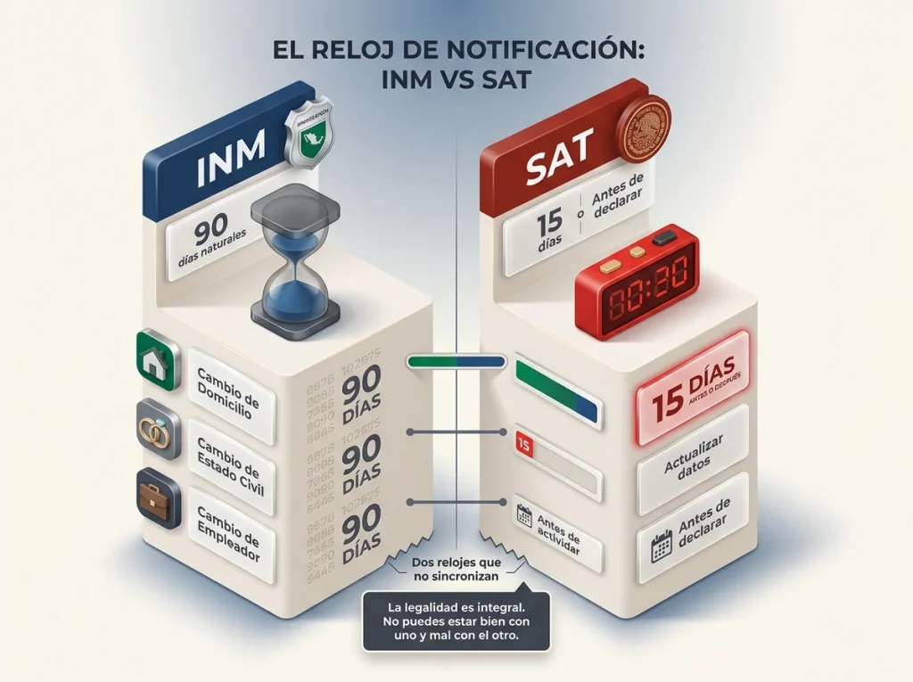 Tu residencia en México no evita pagar impuestos dos veces 6 Infografía comparativa de plazos de notificación legal mostrando requisitos del INM versus el SAT para expatriados