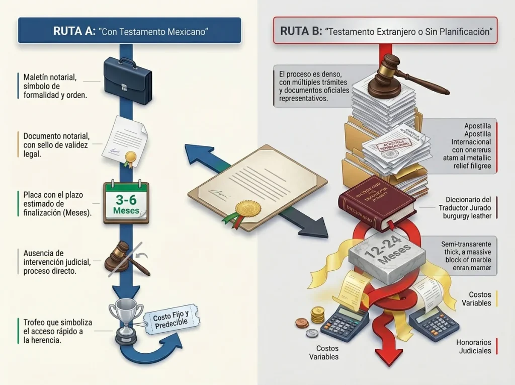 Planificación sucesoria para expatriados en México 9 Infografía comparando tiempos y costos de ruta con testamento mexicano versus testamento extranjero