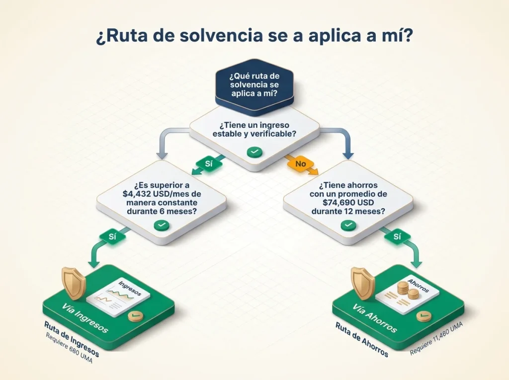 Infografía mostrando árbol de decisión para elegir vía de solvencia con requisitos de ingresos y ahorros