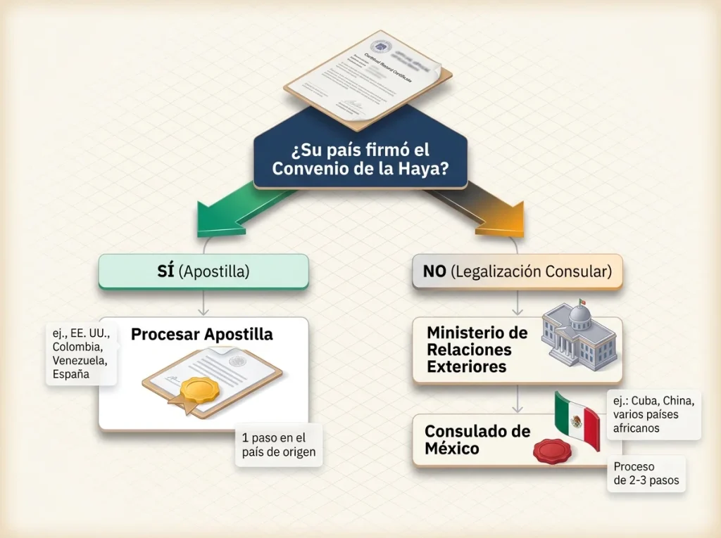Infografía sobre el Convenio de La Haya mostrando proceso de apostilla vs legalización consular con países más comunes