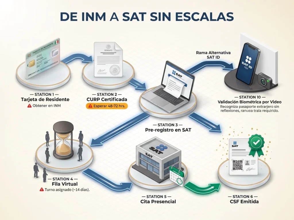 Constancia de Situación Fiscal para extranjeros 2026 5 Diagrama de flujo detallado del proceso migratorio-fiscal en México: del INM al SAT paso a paso para extranjeros.