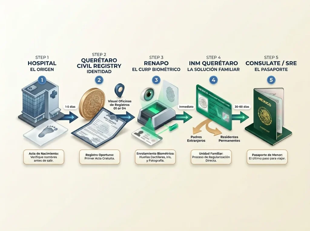 Diagrama de flujo de 5 pasos desde el hospital hasta el pasaporte mexicano del menor, con iconos isométricos y tiempos.